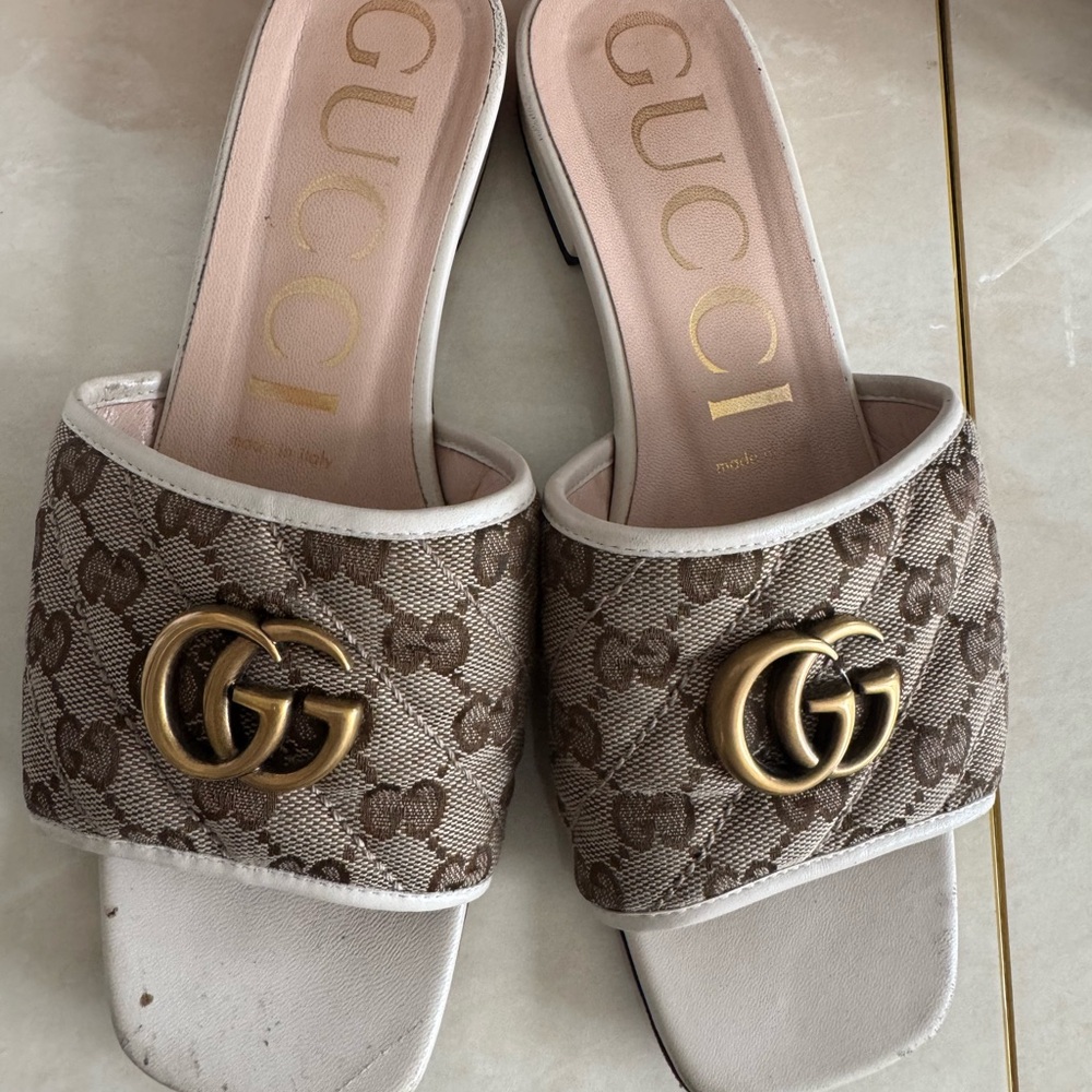 Gucci Brown and Gold Sandals with GG Monogram